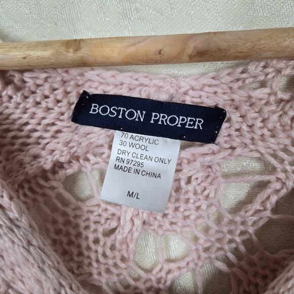Boston Proper Wool Blend Poncho sz M/L Pink Open Knit Chunky Pastel - Picture 9 of 14